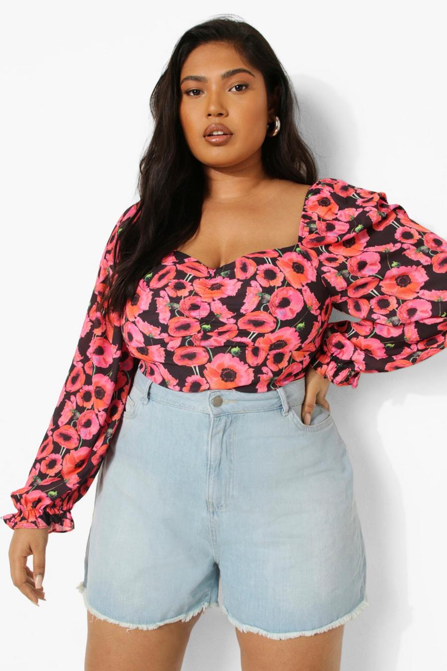 Hot pink Plus Floral Puff Sleeve Top image number 1