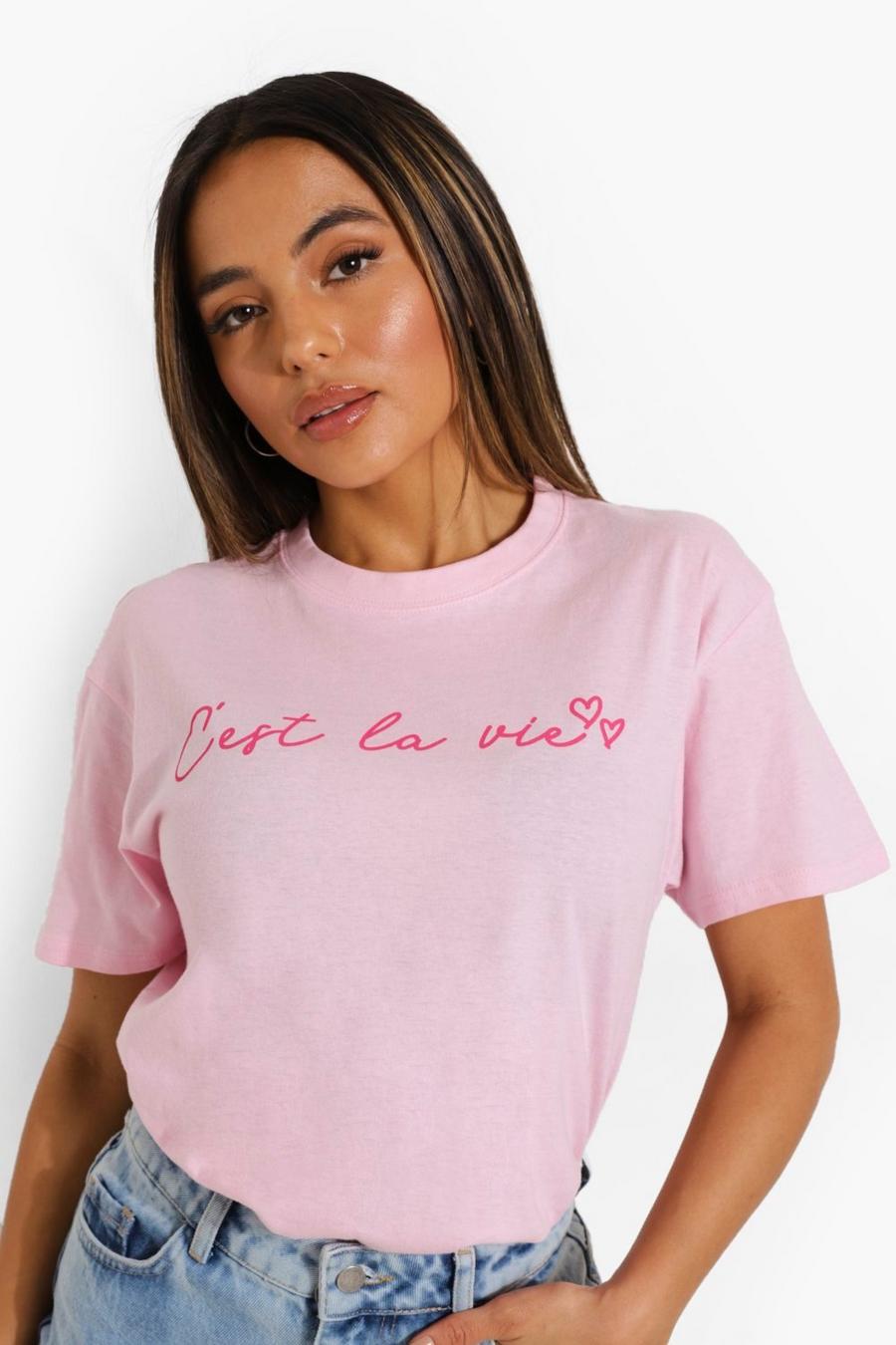 Petite T-Shirt mit C'Est La Vie Slogan, Pale pink image number 1