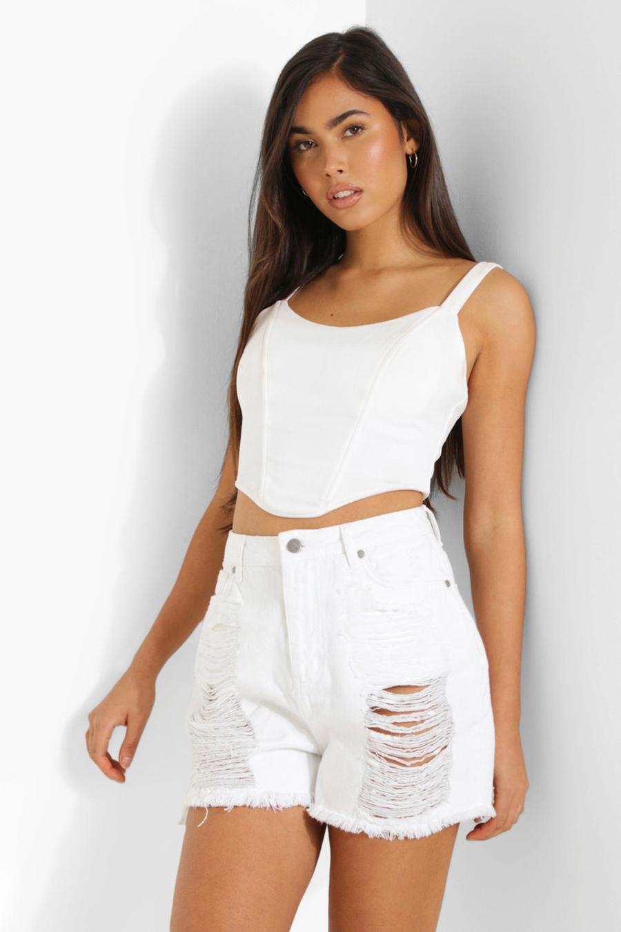 White Petite Extreme Laddered Jean Shorts image number 1