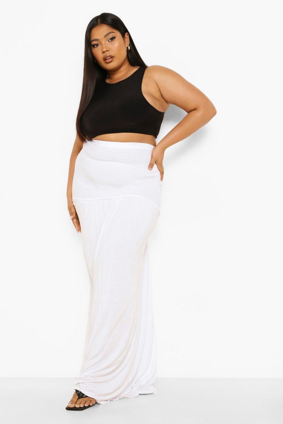 White Plus Geplooide Jersey Maxi Rok image number 1