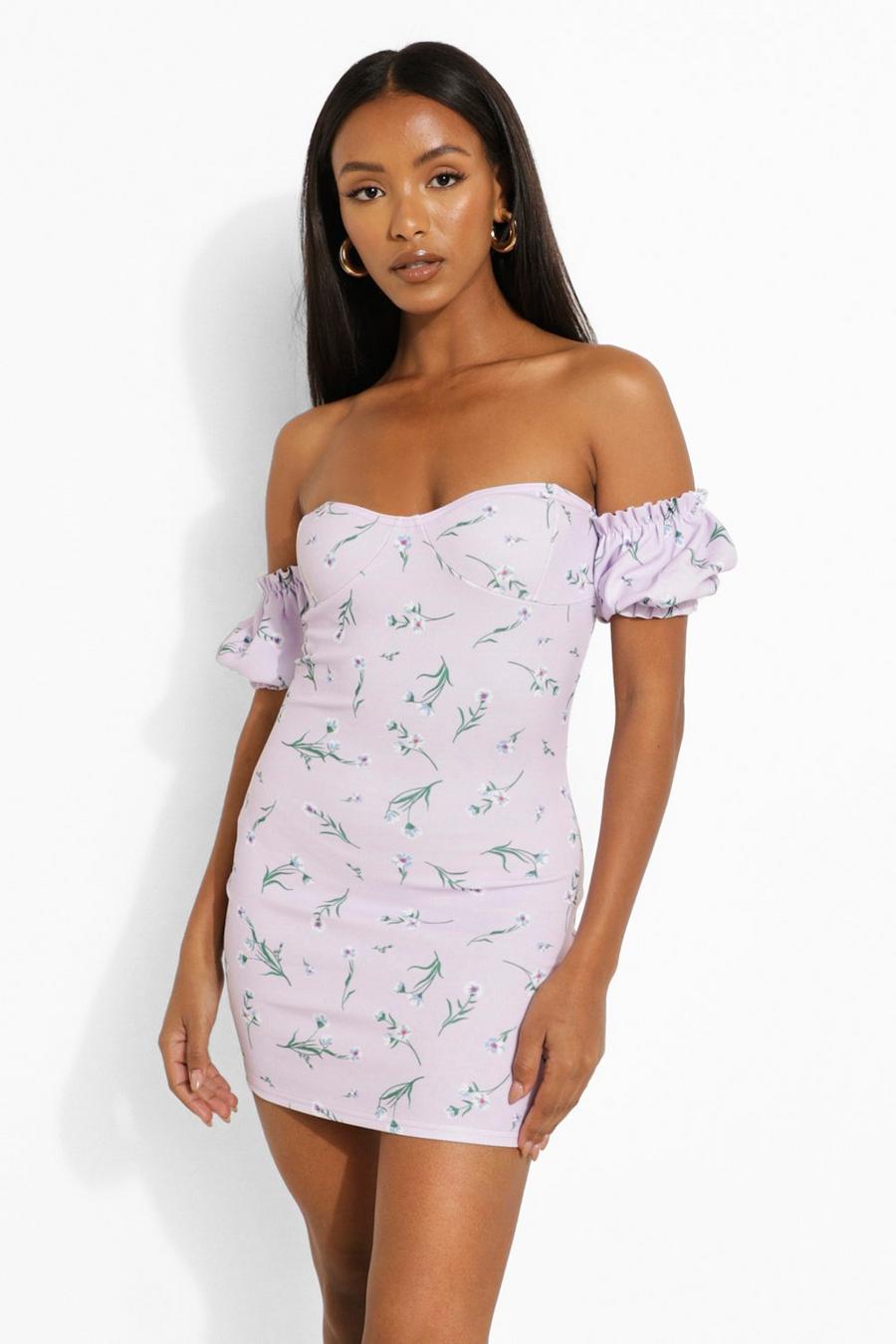 Lilac Petite Puff Sleeve Ditsy Off The Shoulder Mini Dress image number 1
