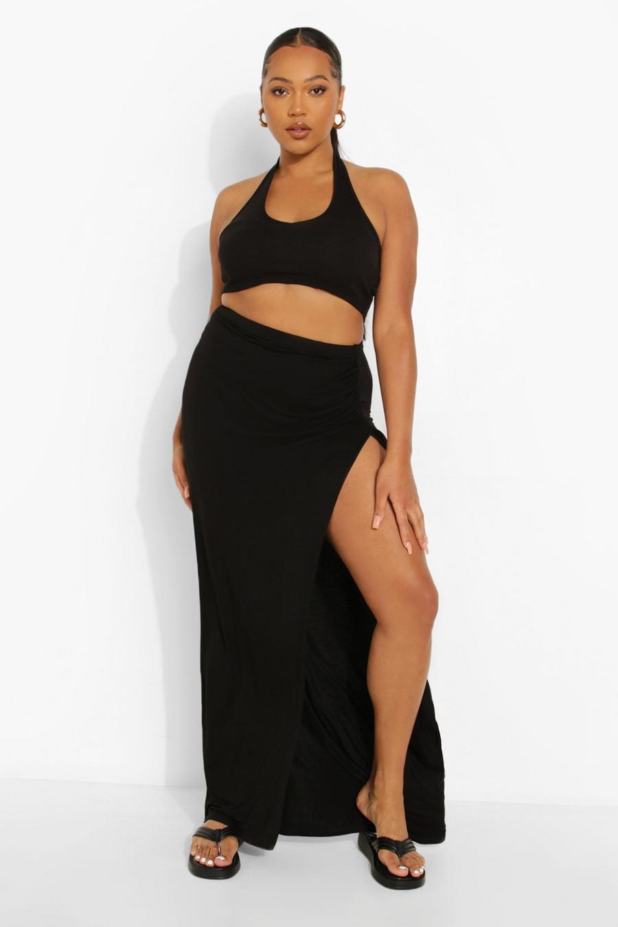Black Plus Jersey Side Ruched Maxi Skirt image number 1