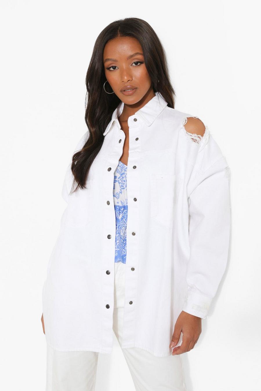 White Petite Distressed Denim Oversized Shirt image number 1
