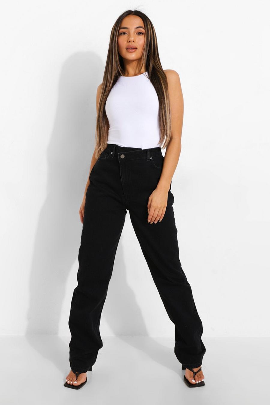 Black Petite Asymmetric Straight Leg Jeans image number 1