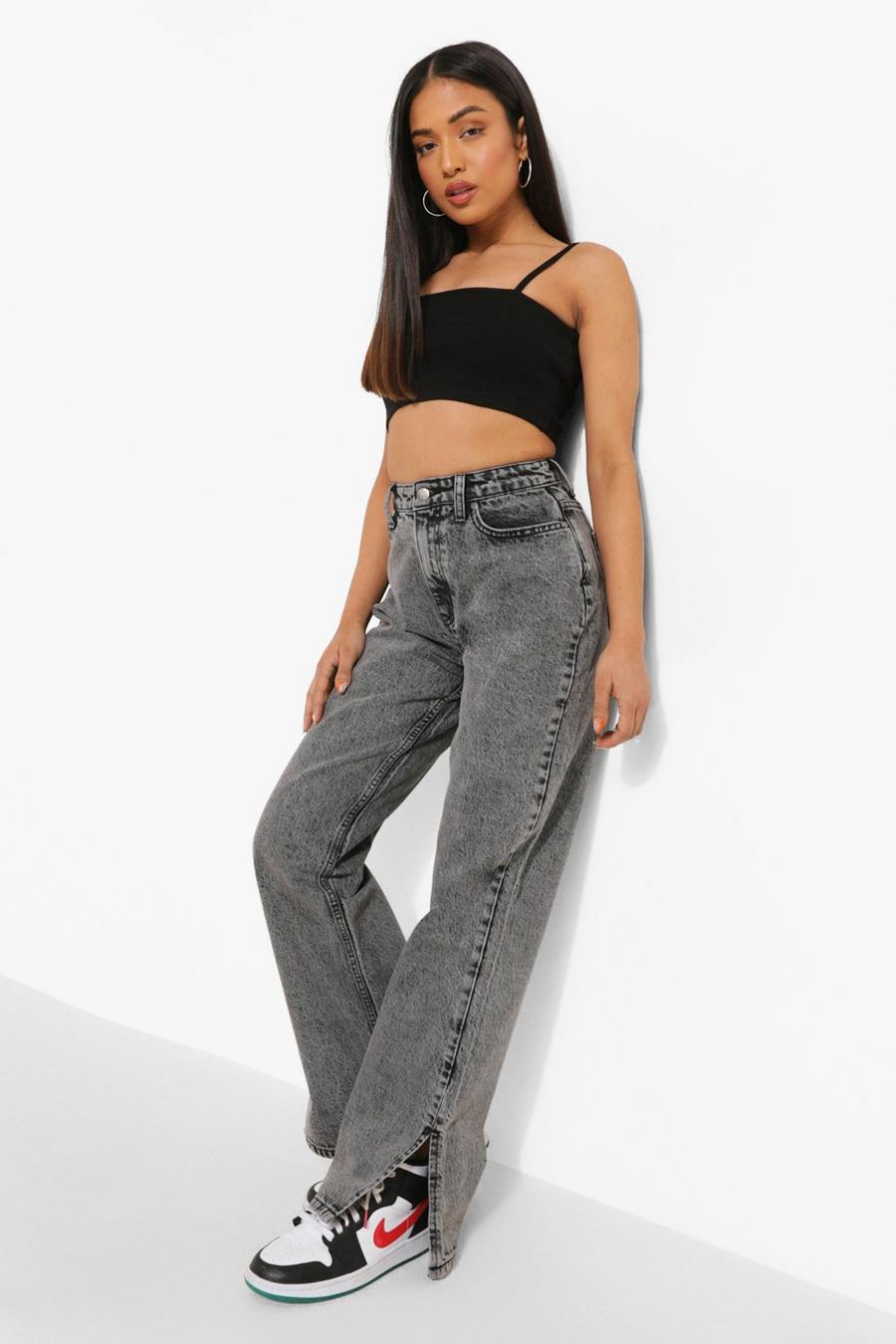 אפור gris ג'ינס בייסיק high waist עם שסע במכפלת, פטיט
