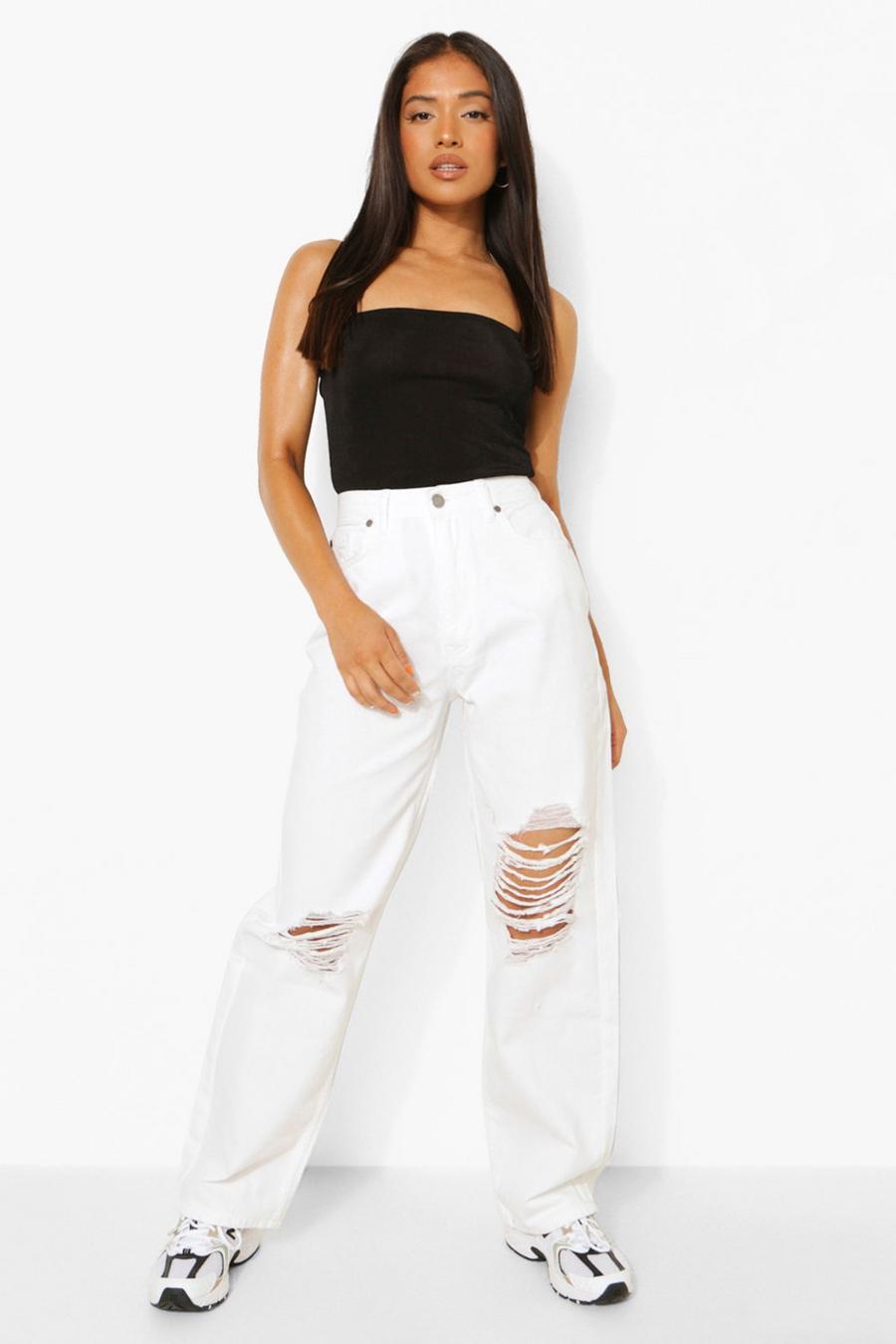White Petite Basic Ripped Knee Boyfriend Fit Jeans image number 1