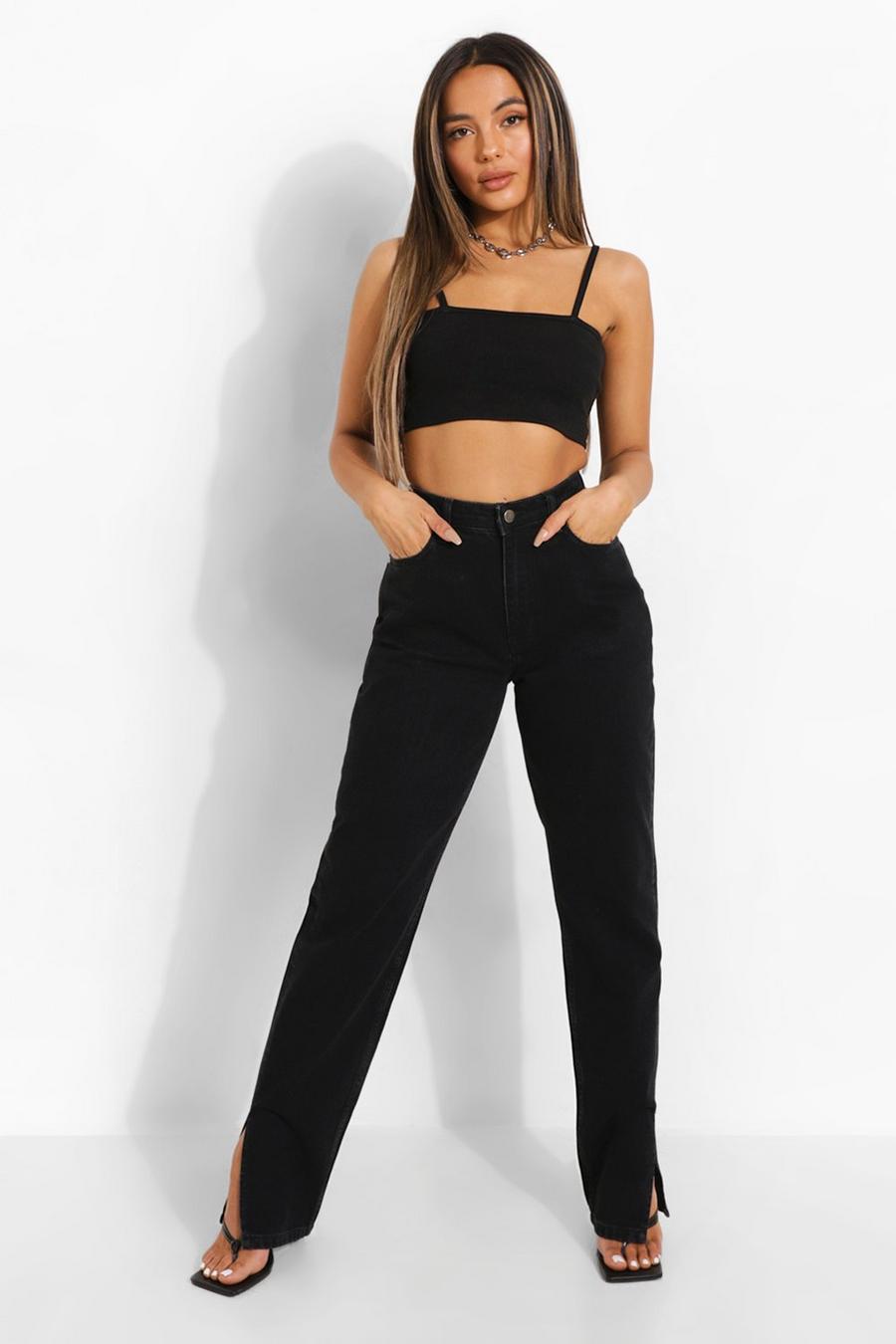 Black noir Petite Basic High Waist Split Hem Jeans