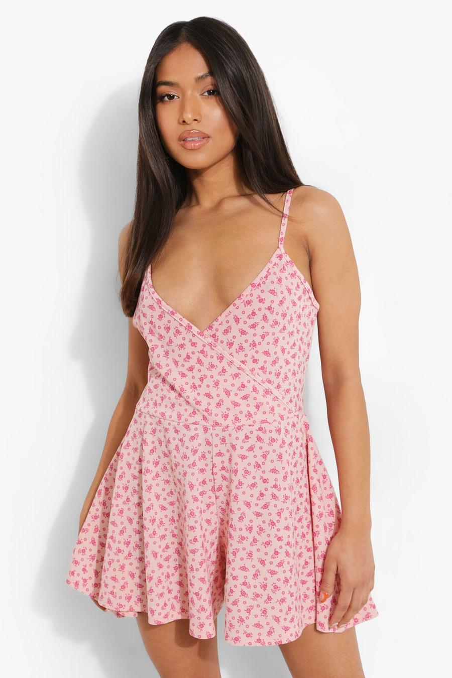 Light pink Petite Ditsy Floral Cami Wrap Playsuit image number 1