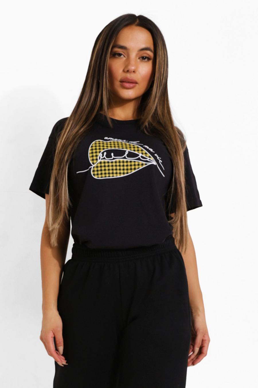 Black Petite Gingham French Lips T-Shirt image number 1