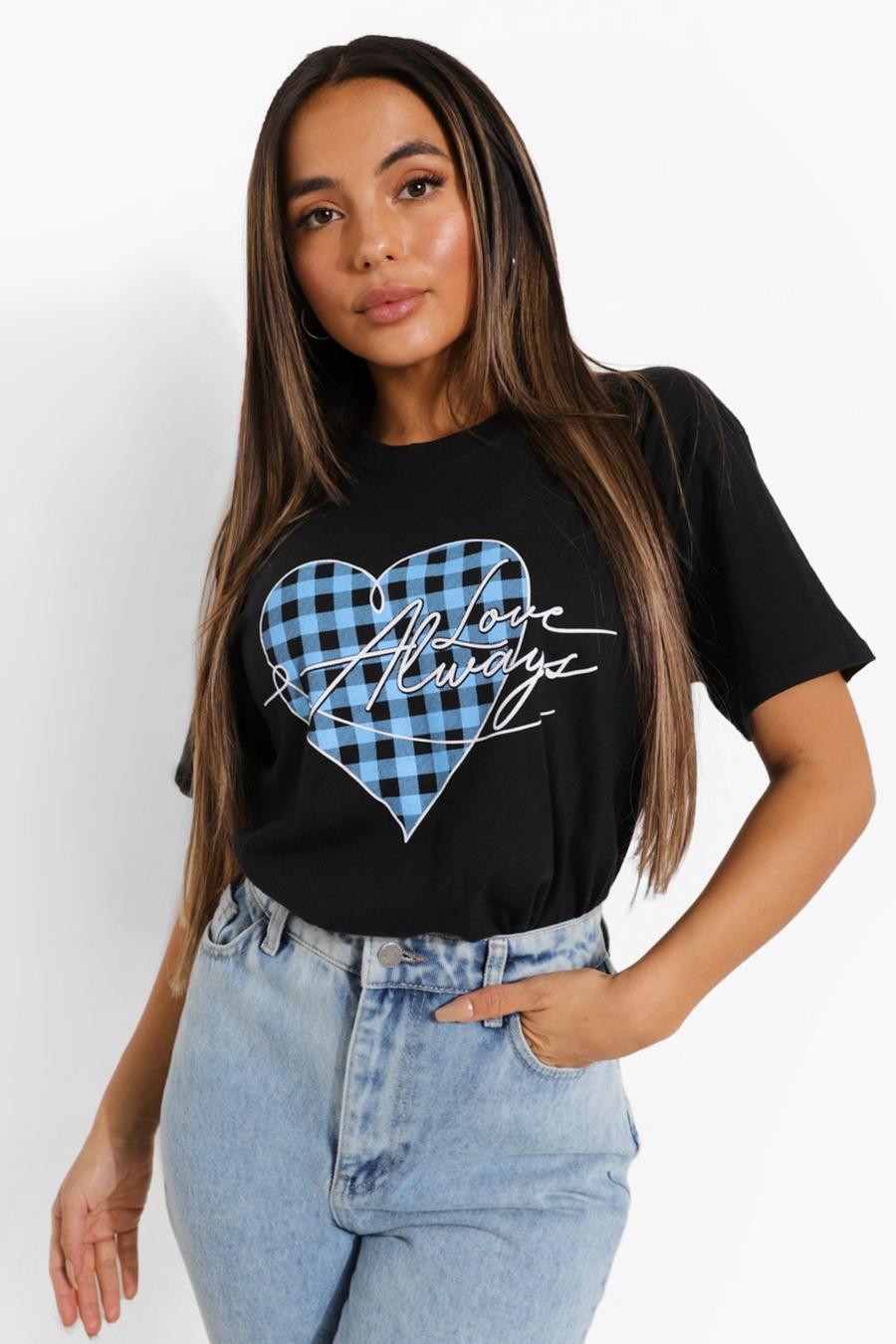 T-shirt Petite a quadretti gingham con stampa di cuore e scritta, Nero image number 1