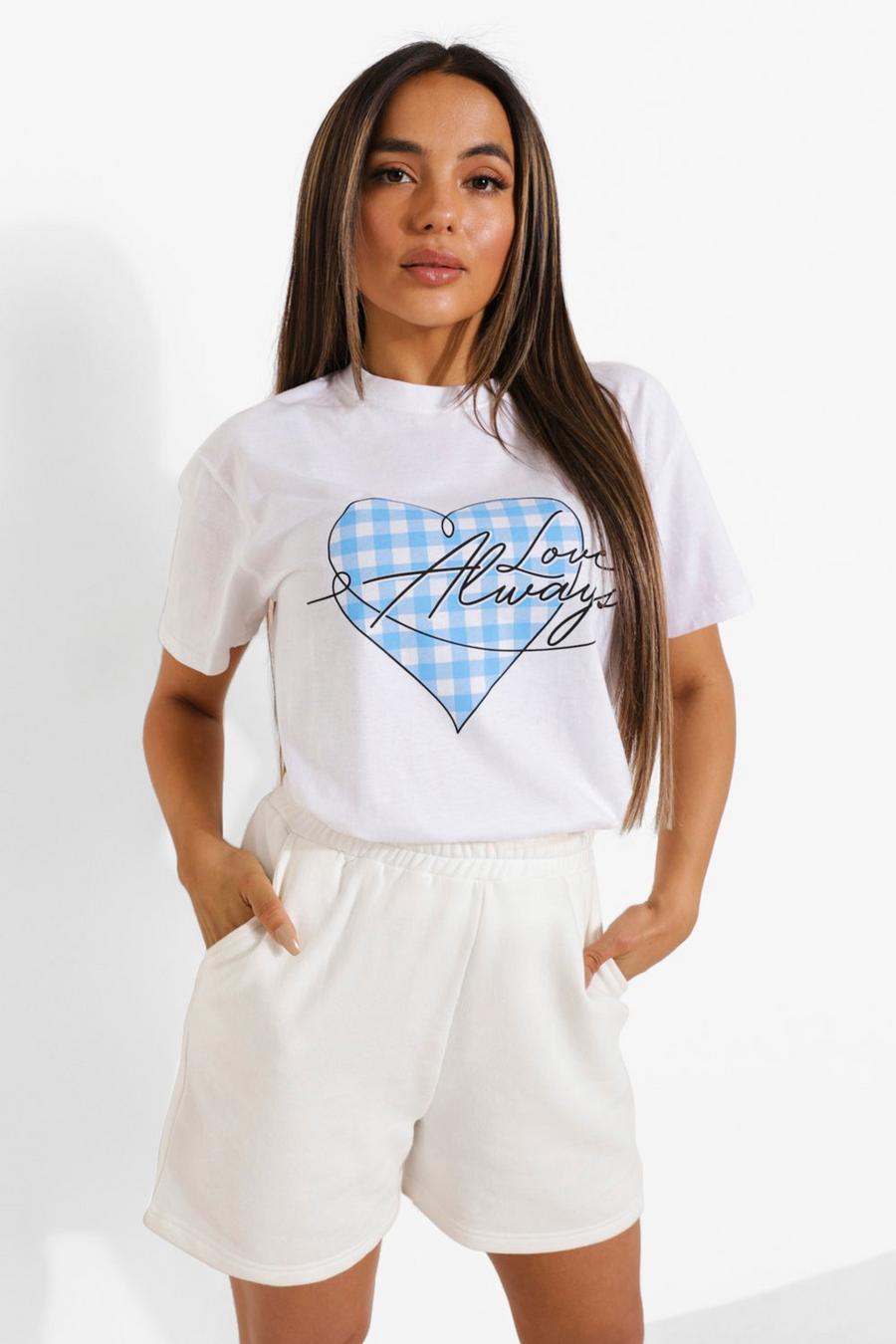 T-shirt Petite a quadretti gingham con stampa di cuore e scritta, Bianco image number 1