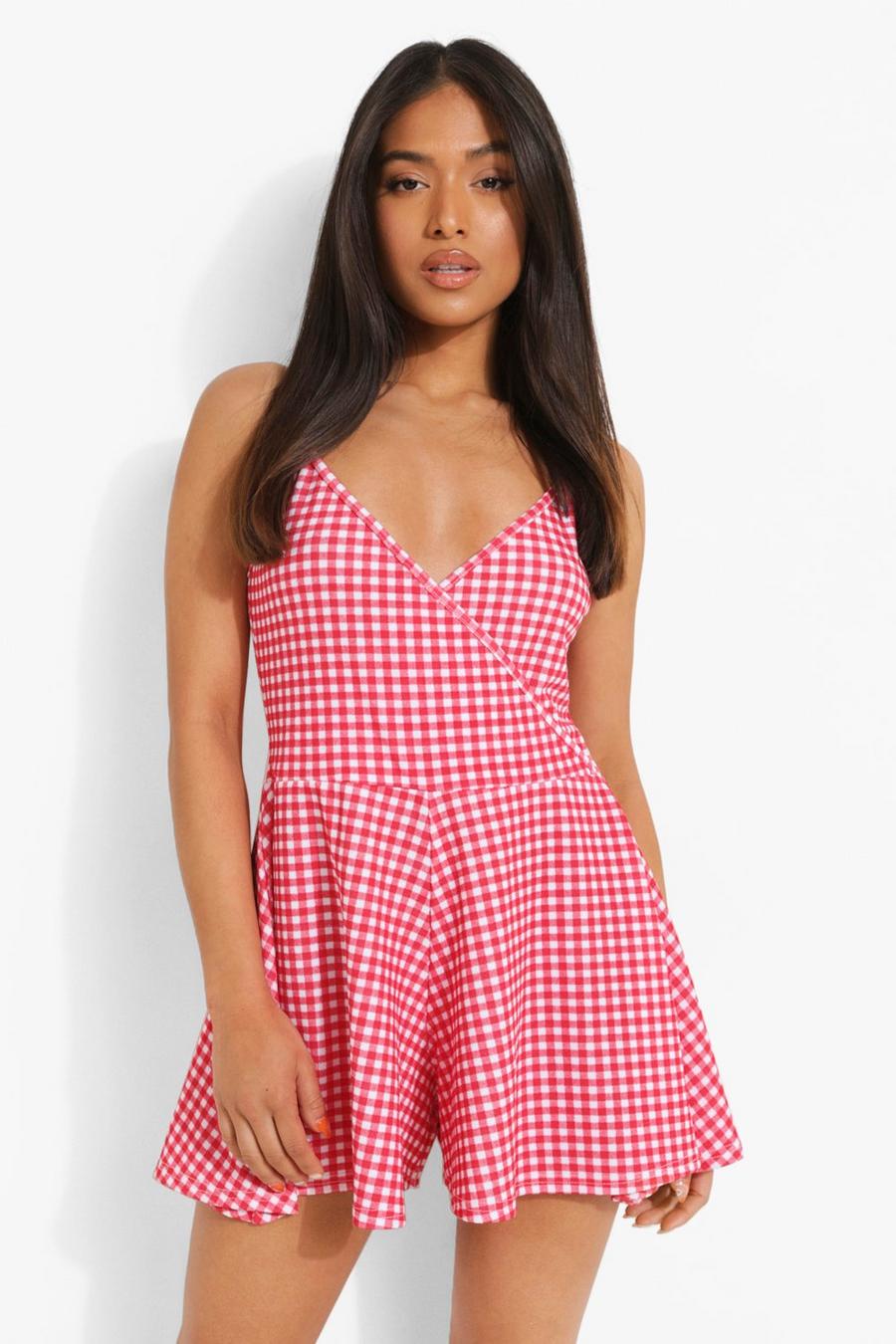 Red Petite Gingham Wrap Cami Romper image number 1