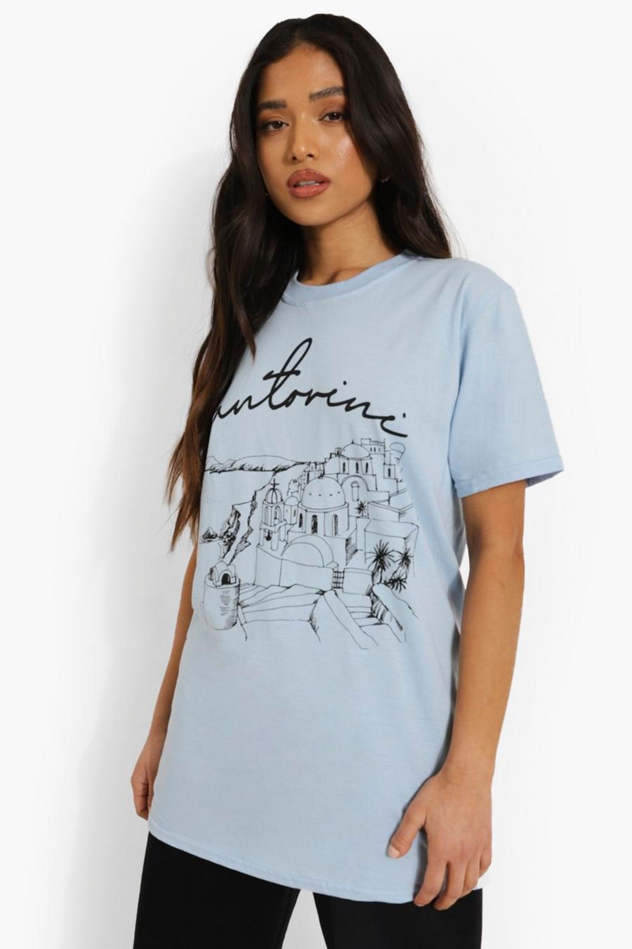 T-shirt Petite con scritta Santorini, Azzurro chiaro image number 1