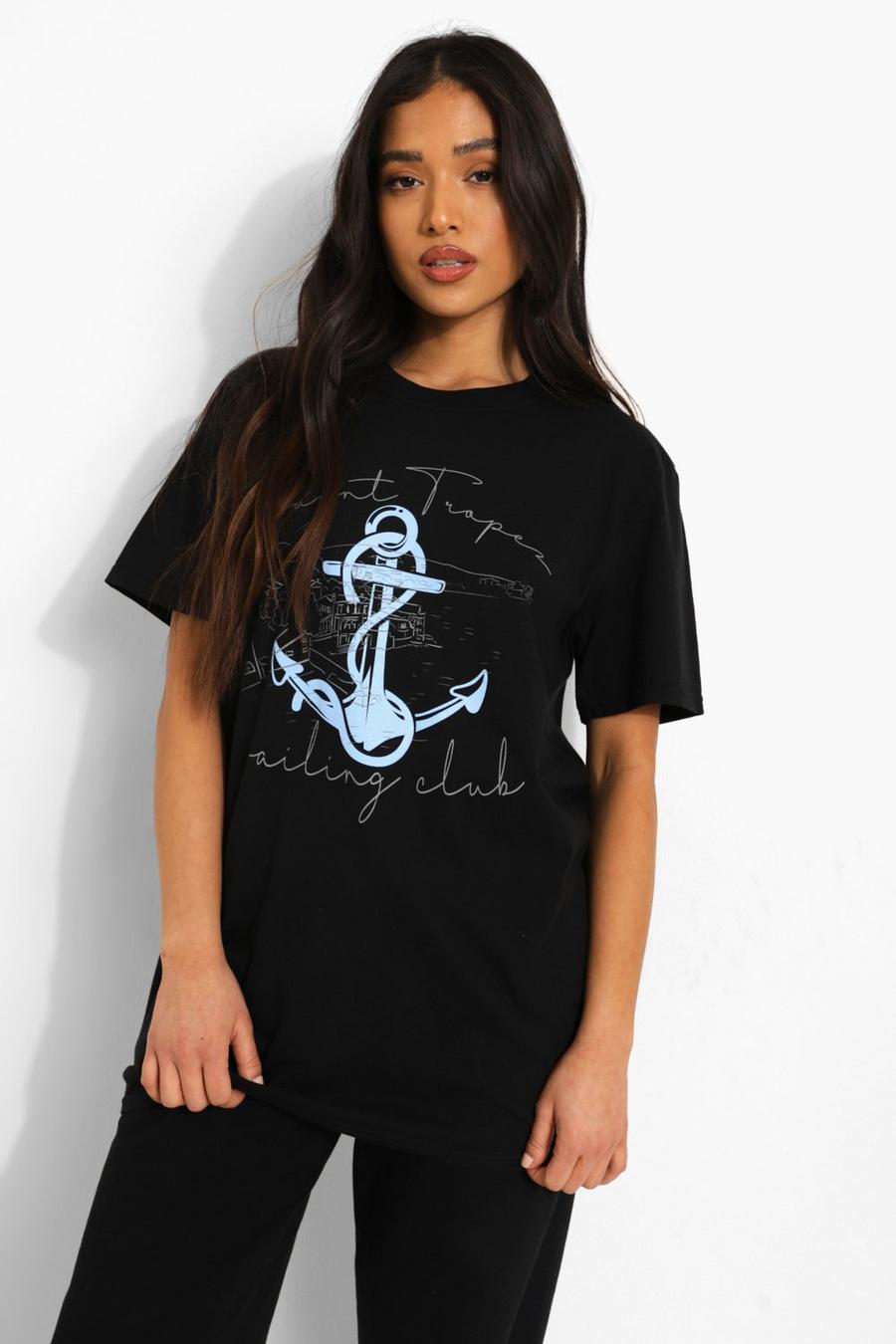 Black Petite St Tropez Anchor T-Shirt Met Tekst image number 1
