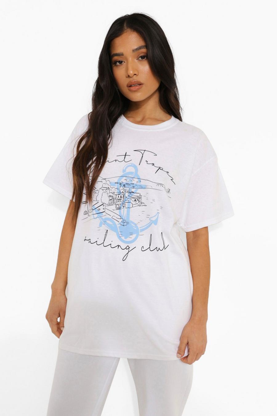 T-shirt Petite con scritta St Tropez e stampa di ancora, Bianco image number 1