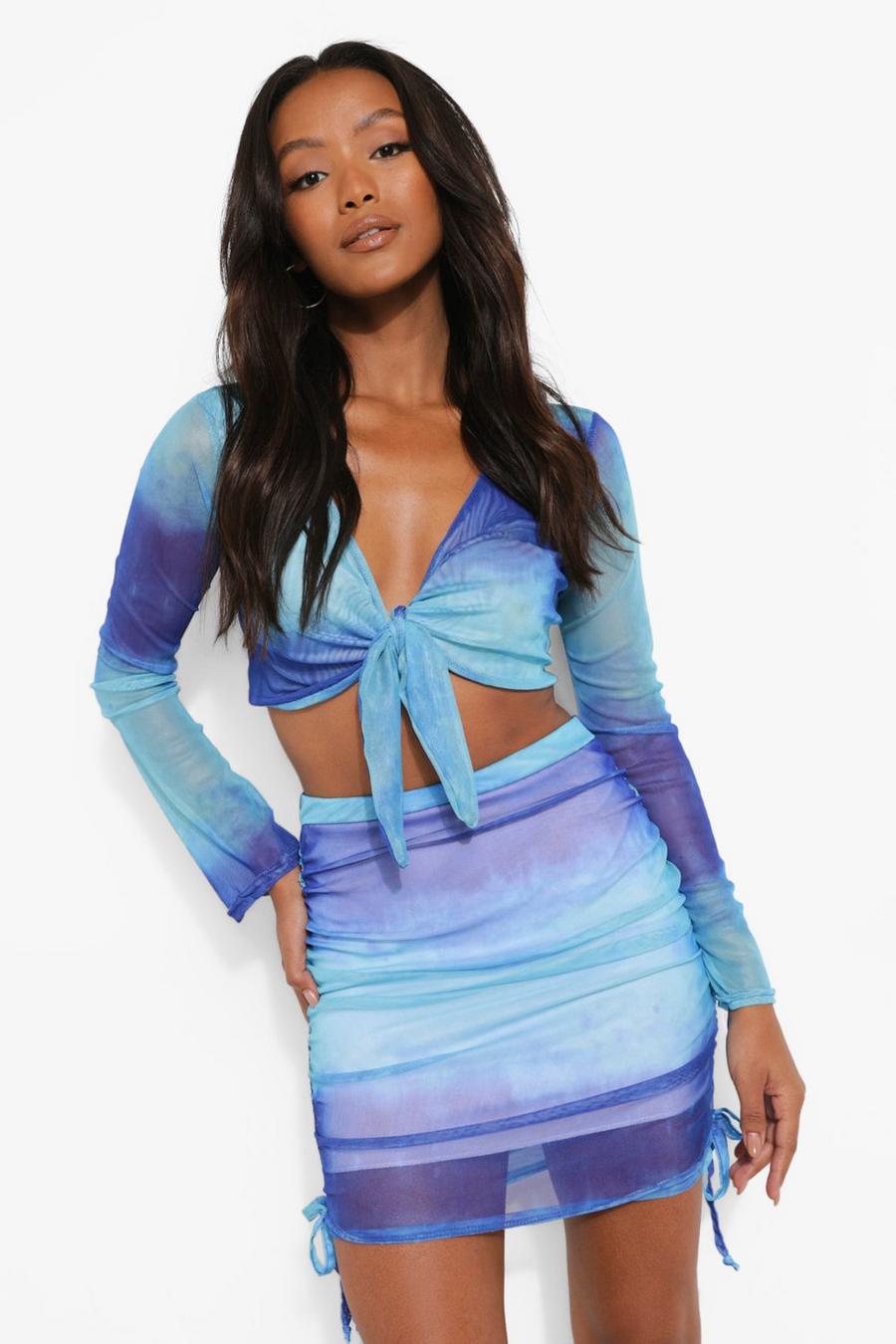 Blue Petite Tie Dye Mesh Skirt Two-Piece image number 1