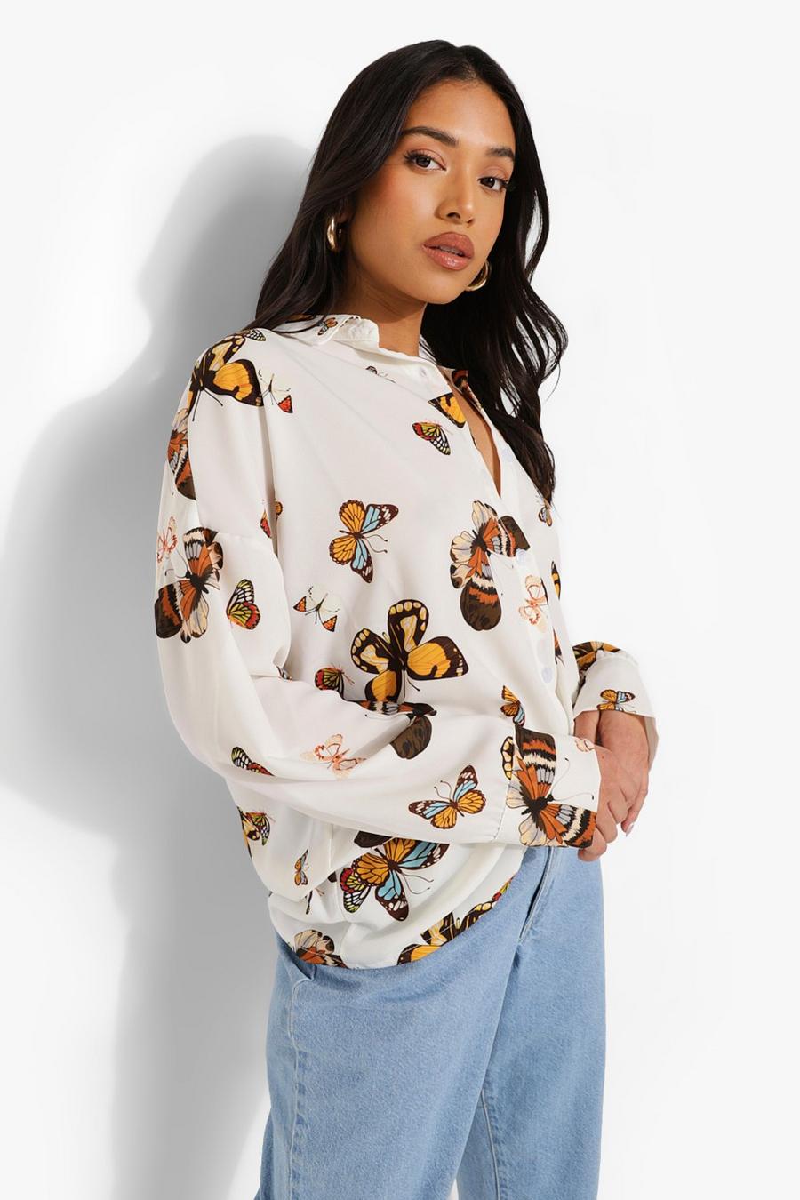 White Petite Butterfly Print Oversized Shirt image number 1