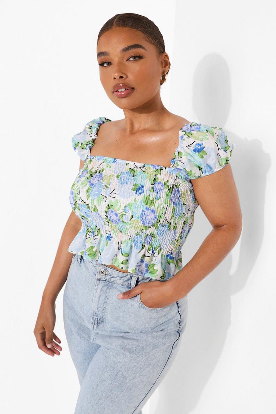 Blue Plus Floral Puff Sleeve Shirred Top image number 1