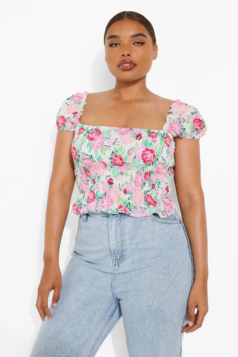 Pink Plus Floral Puff Sleeve Shirred Top image number 1