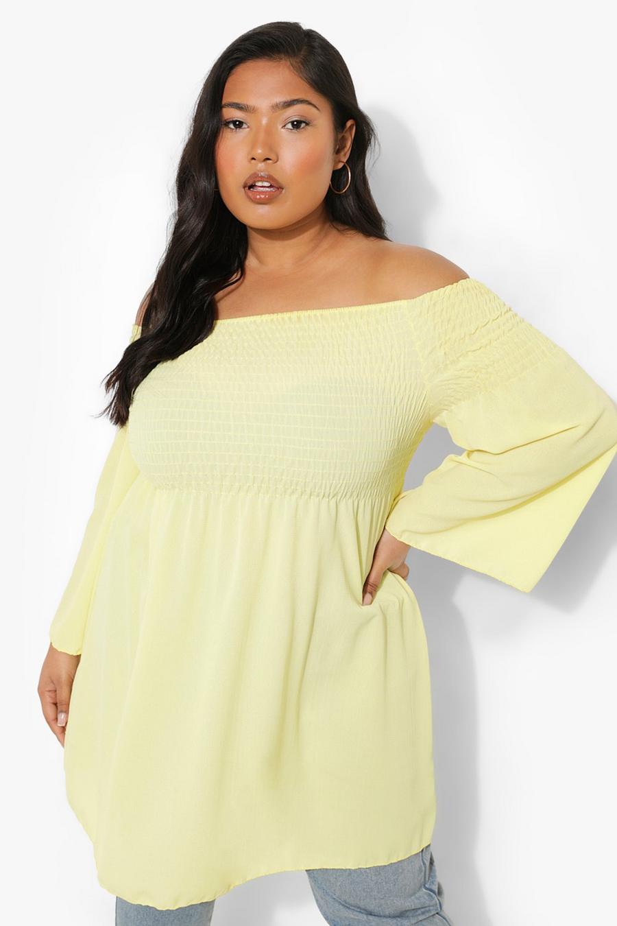 Yellow Plus Shirred Off The Shoulder Top image number 1