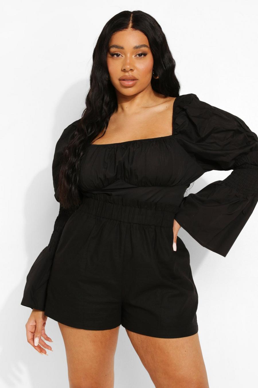 Black Plus Cotton Puff Sleeve Gathered Crop Top image number 1