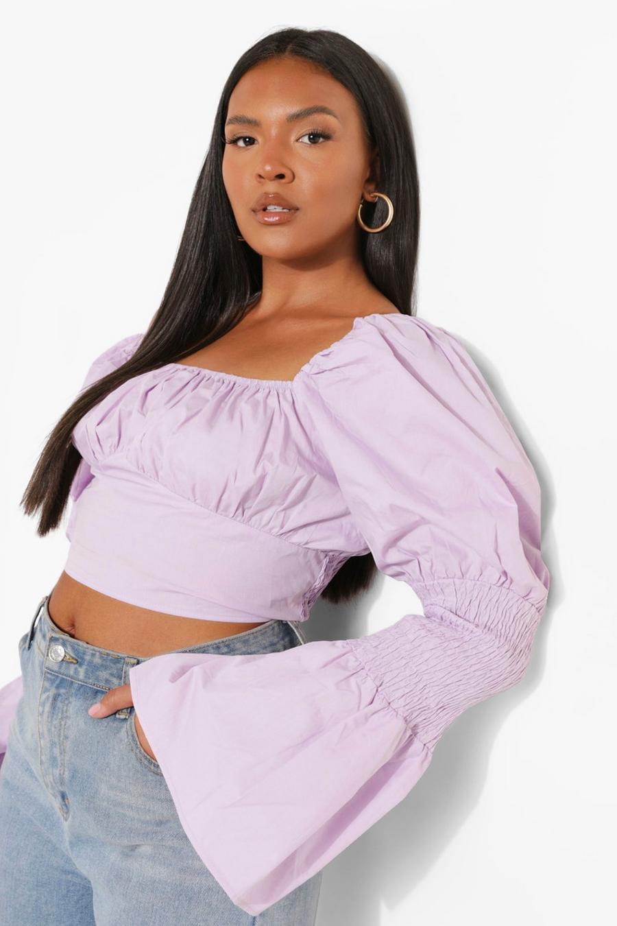 Lilac Plus Cotton Puff Sleeve Gathered Crop Top image number 1