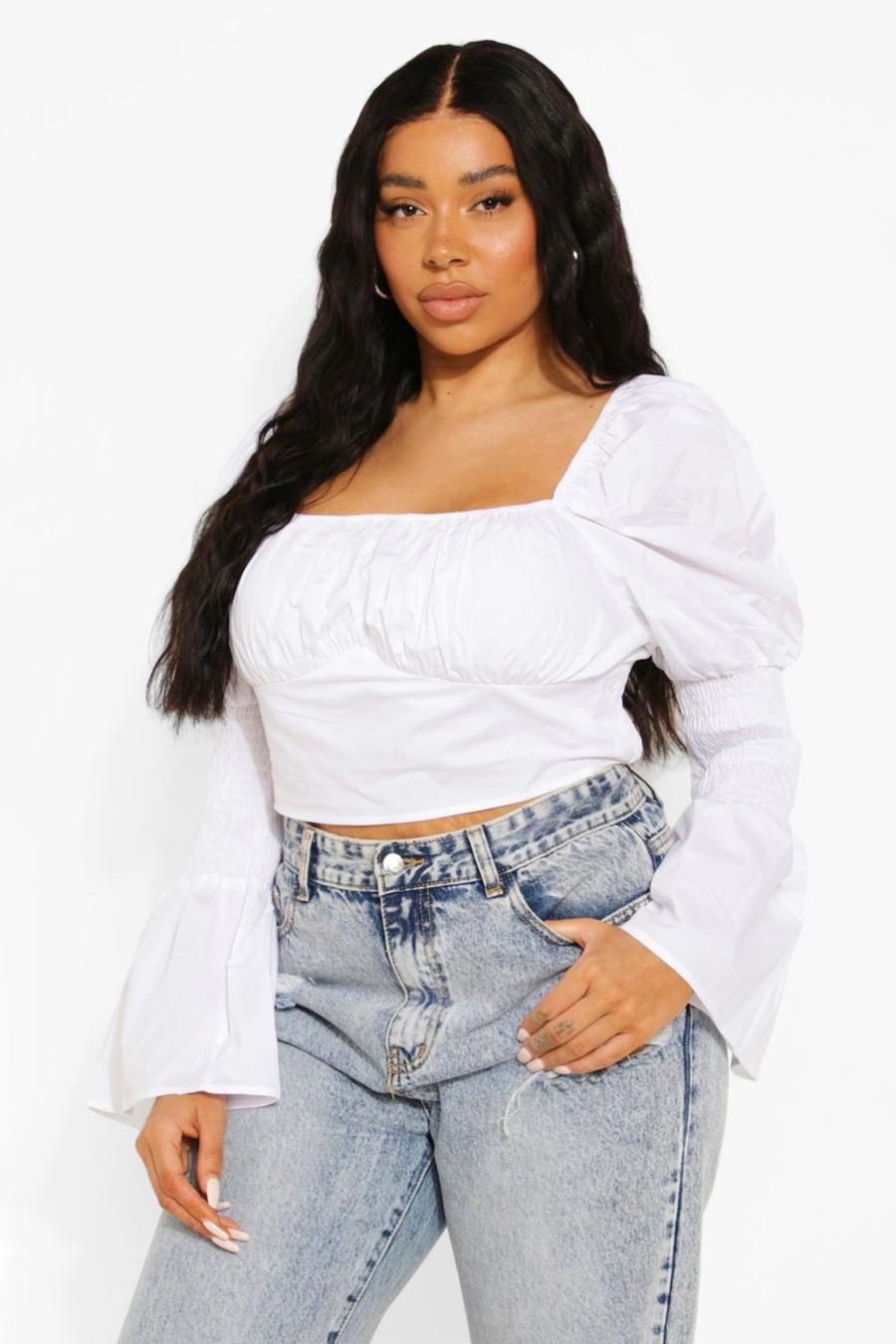 White Plus Cotton Puff Sleeve Gathered Crop Top image number 1