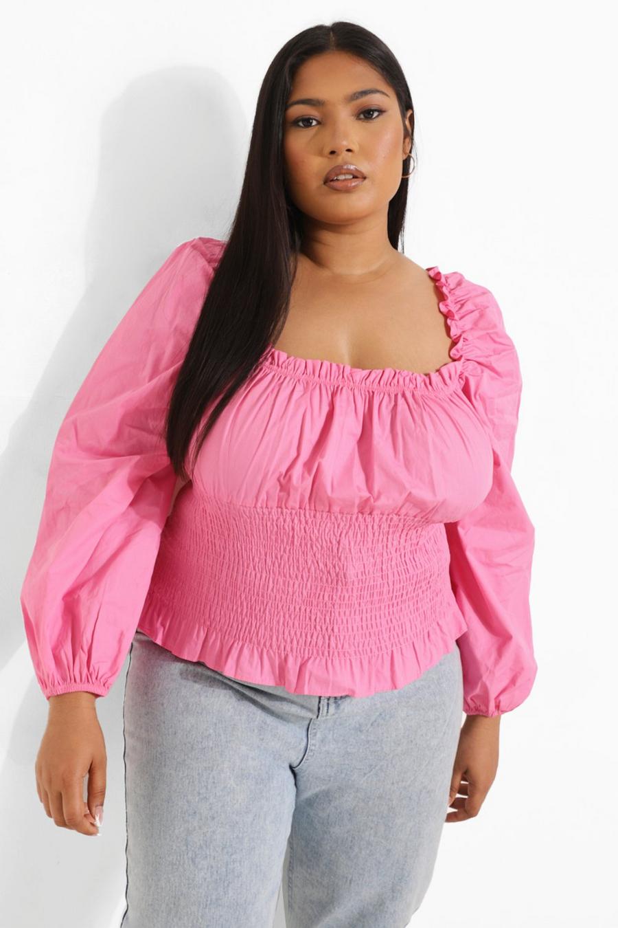 Hot pink Plus Cotton Puff Sleeve Square Neck Top image number 1