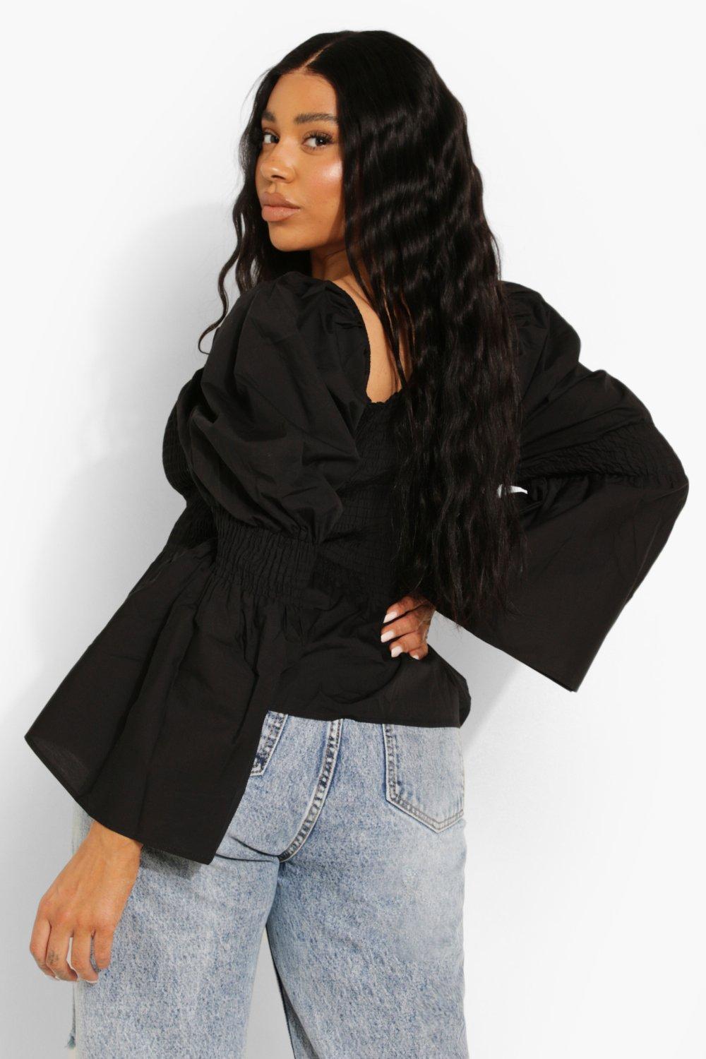 Plus Cotton Shirred Puff Sleeve Peplum Top | boohoo