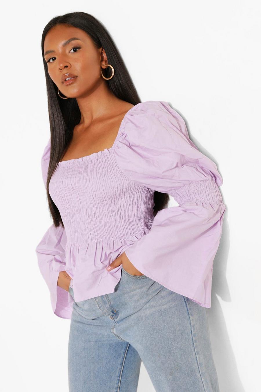 Lilac Plus Cotton Shirred Puff Sleeve Peplum Top image number 1