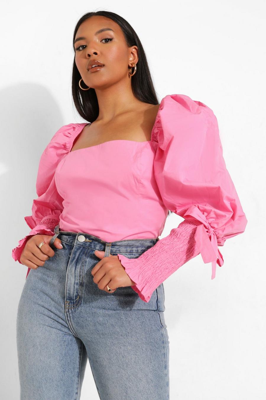 Hot pink Plus Cotton Square Neck Tie Cuff Crop Top image number 1