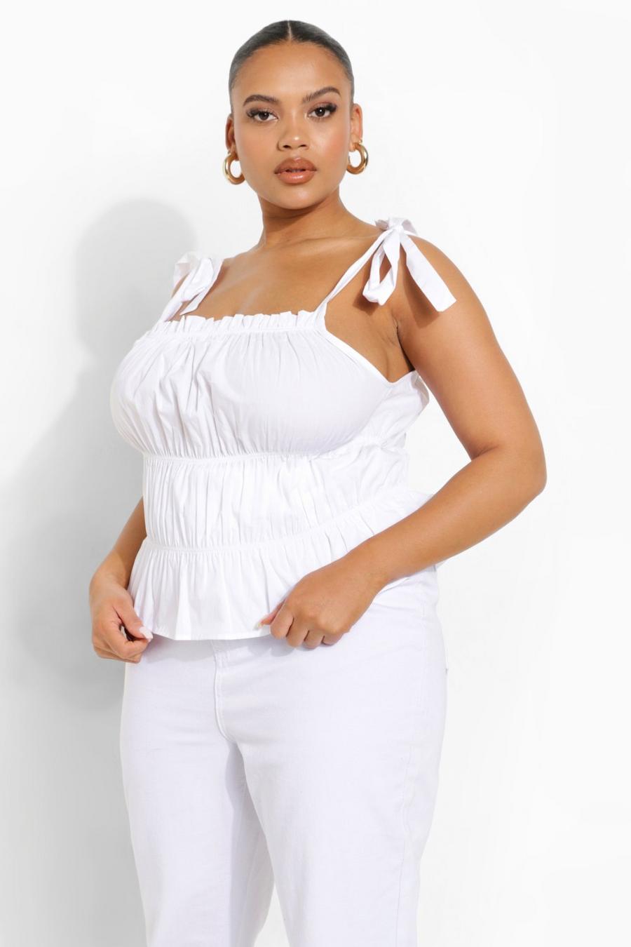 White Plus Cotton Tie Strap Ruched Crop Top image number 1