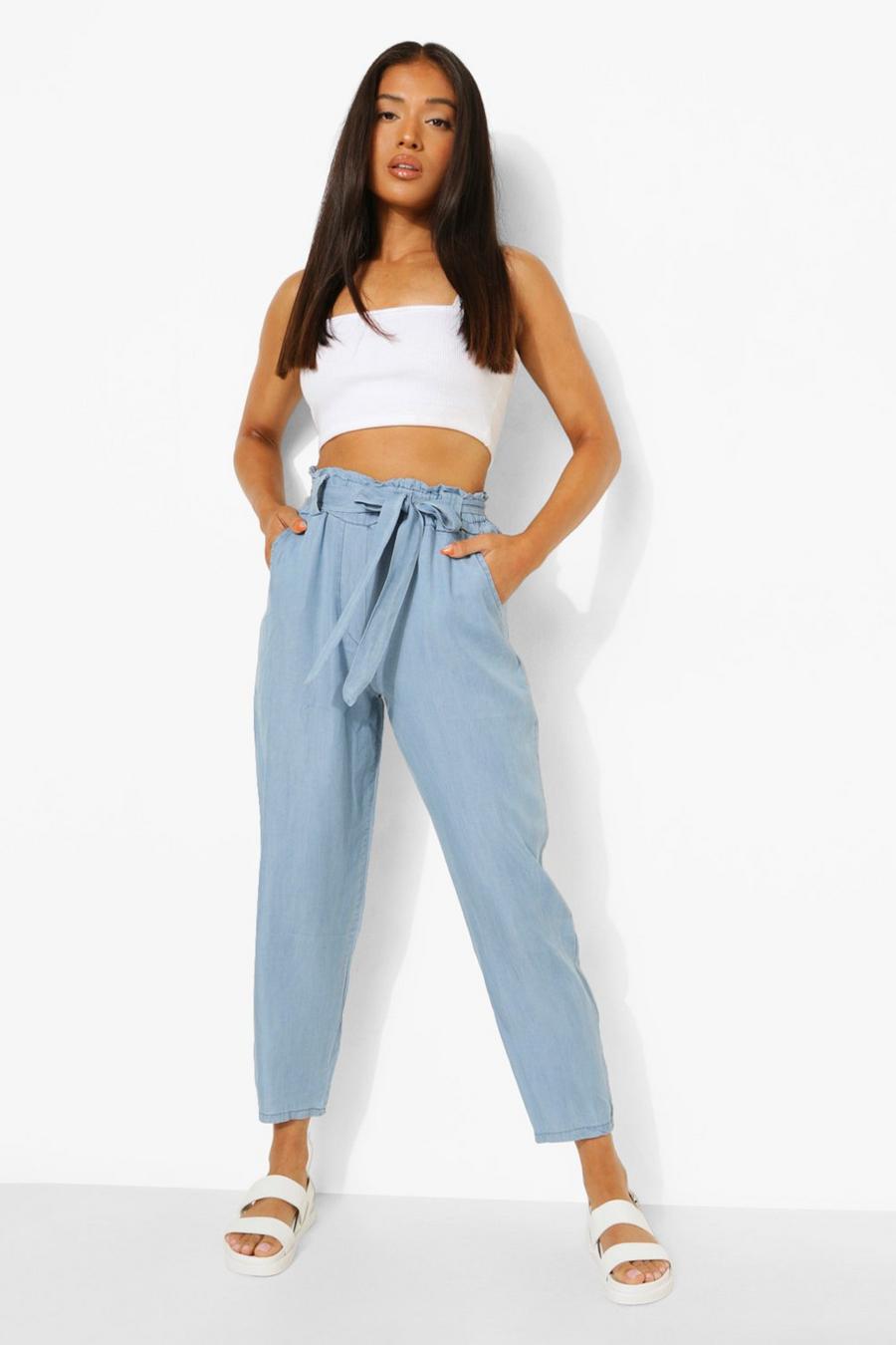 Light blue Petite Belted Paperbag Chambray Pants image number 1