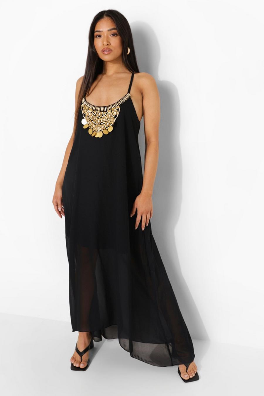 Black Petite Maxi Jurk Met Zakdoekzoom En Kralen image number 1