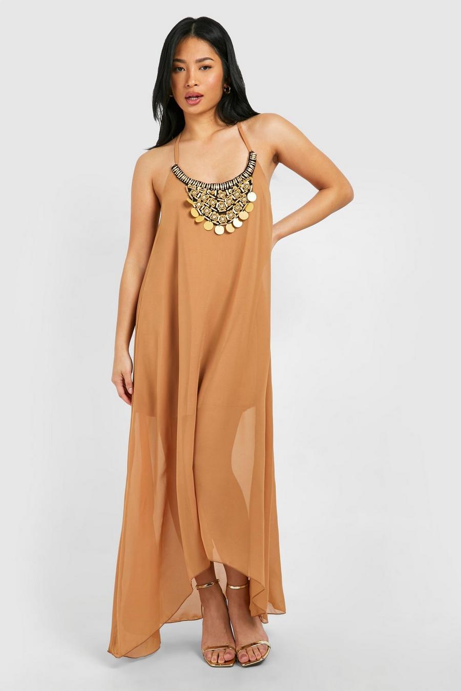 Camel שמלת מקסי עם מכפלת זוויתית וחרוזים, פטיט image number 1