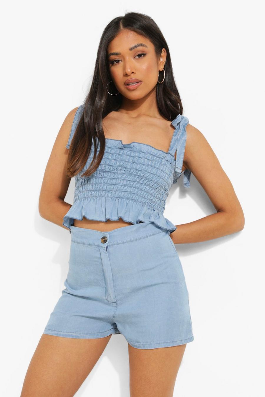 Light blue Petite Fitted Button Front Denim Shorts image number 1