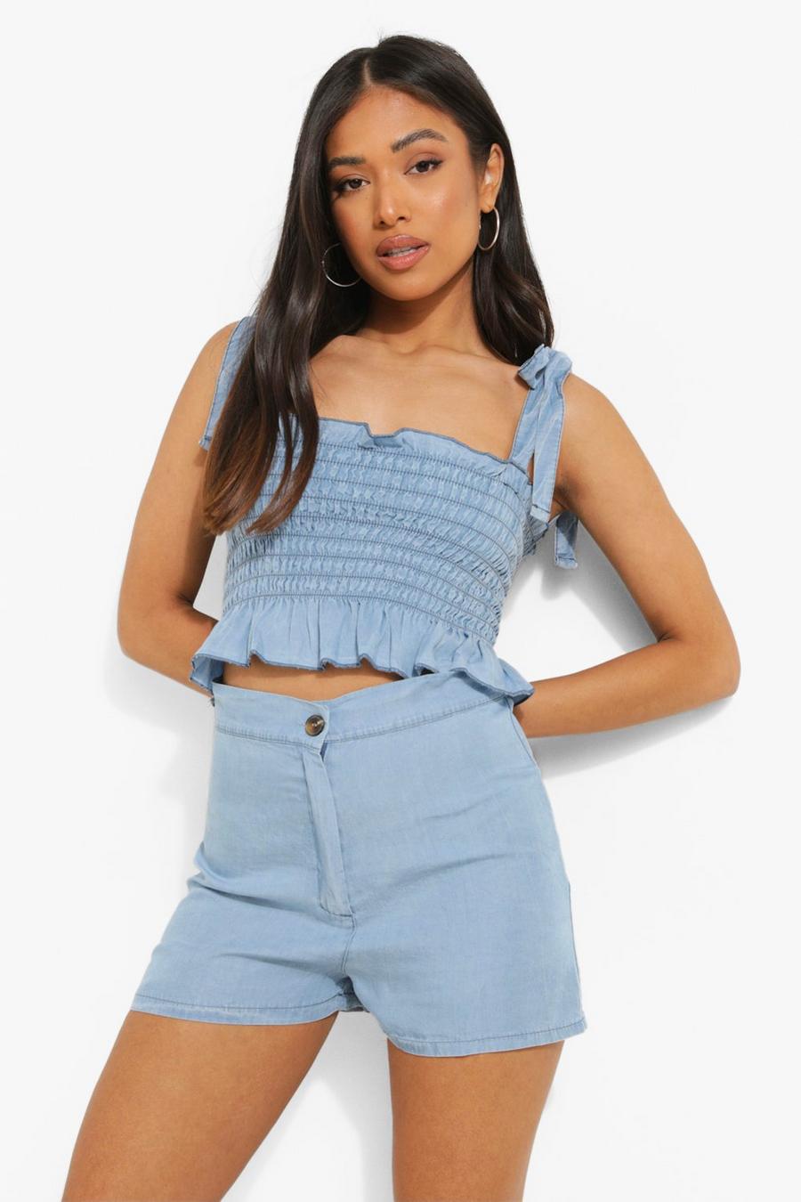 Light blue Petite Shirred Tie Shoulder Denim Top image number 1