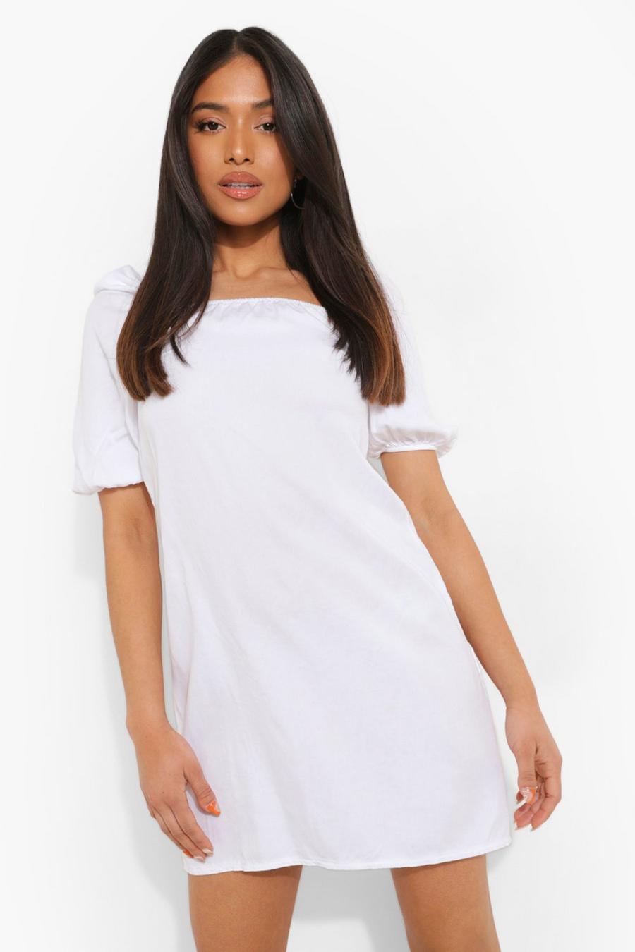 White Petite Puff Sleeve Denim Mini Dress image number 1
