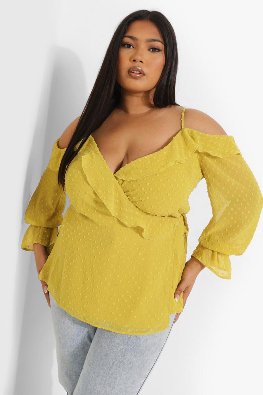 Chartreuse Plus Dobby Cold Shoulder Wrap Top image number 1