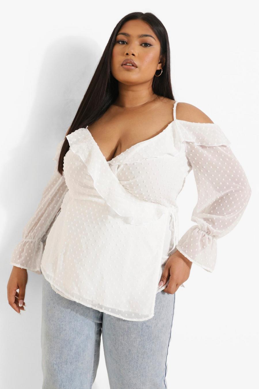 White Plus Dobby Cold Shoulder Wrap Top image number 1