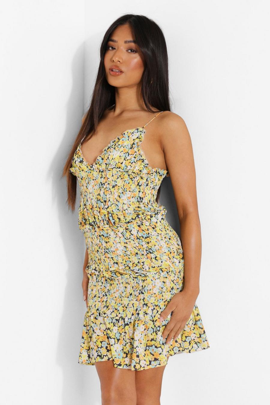 Yellow Petite Ditsy Floral Ruffle Bodycon Dress image number 1
