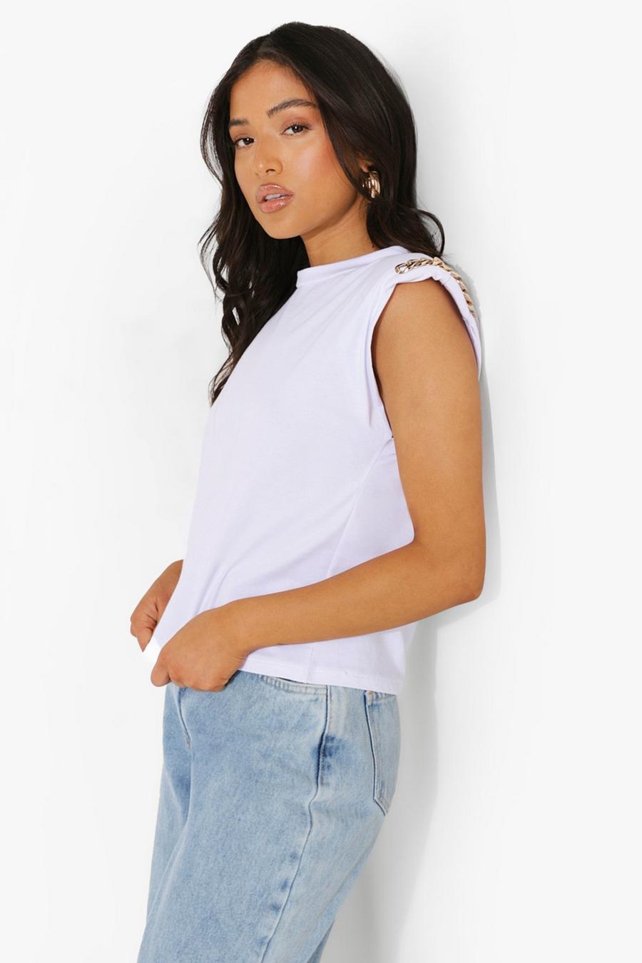 White Petite Chain Detail Shoulder Pad T-shirt image number 1