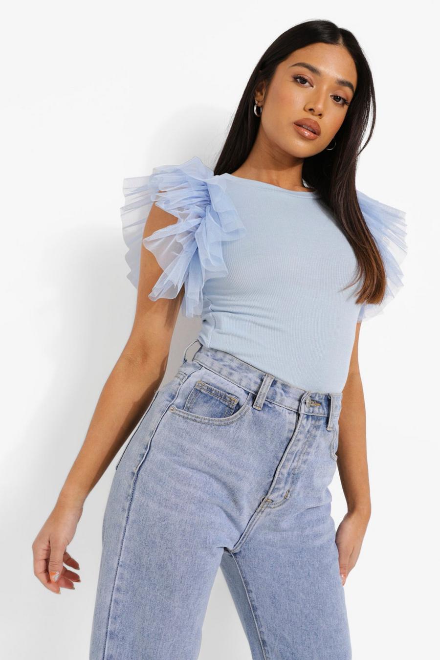 Pale blue Petite Organza Ruffle Sleeve Ribbed Top image number 1