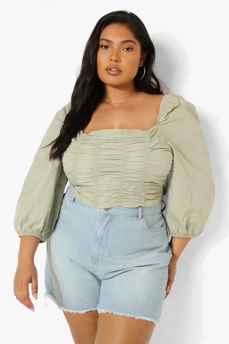 Sage Plus Cotton Ruched Front Square Neck Crop Top image number 1