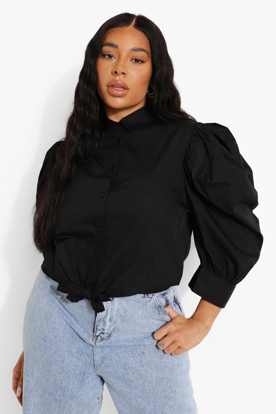 Black Plus Cotton Puff Sleeve Tie Front Shirt image number 1