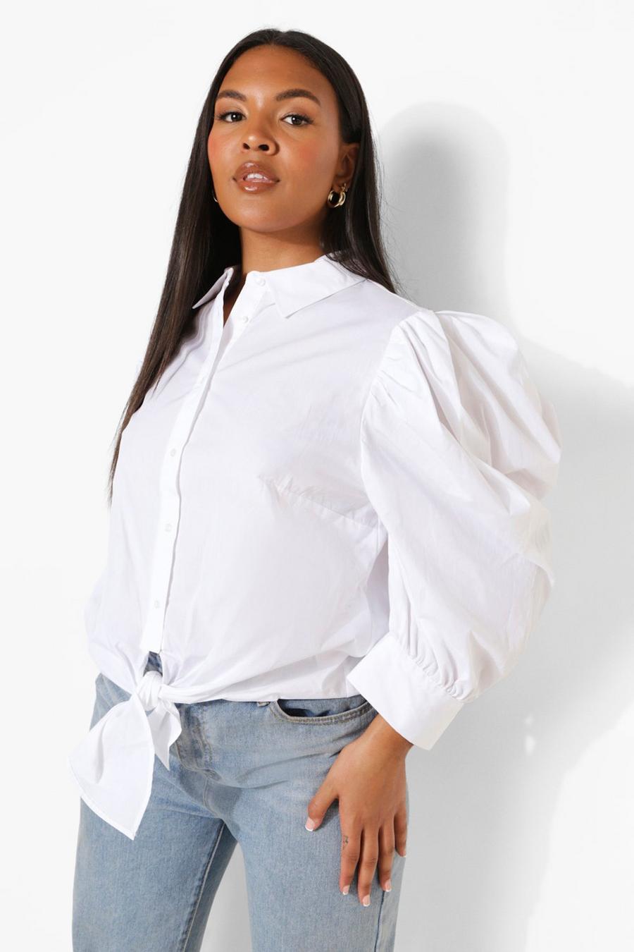 White Plus Cotton Puff Sleeve Tie Front Shirt image number 1