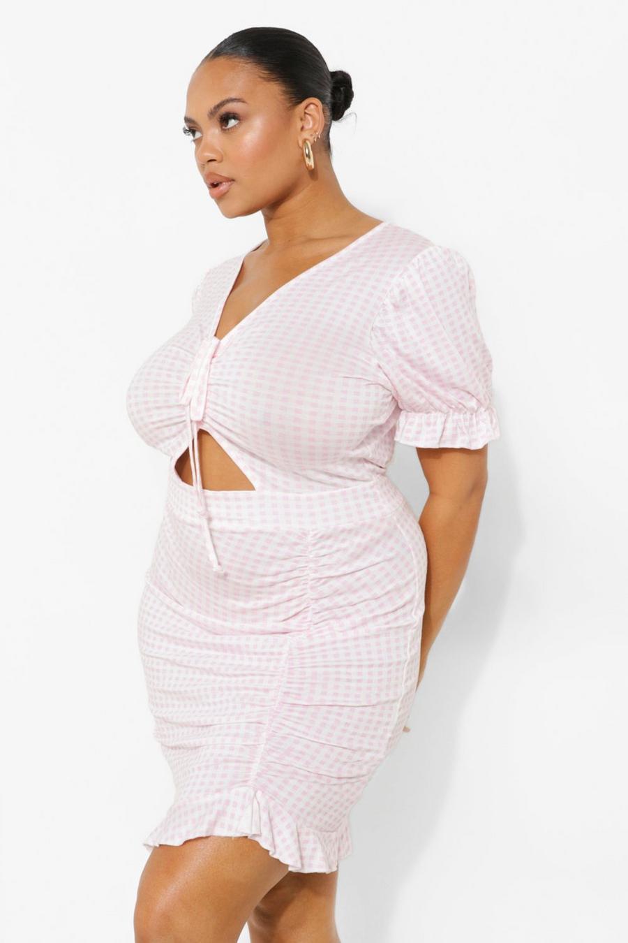 Light pink Plus Gingham Ruched Front Frill Mini Dress