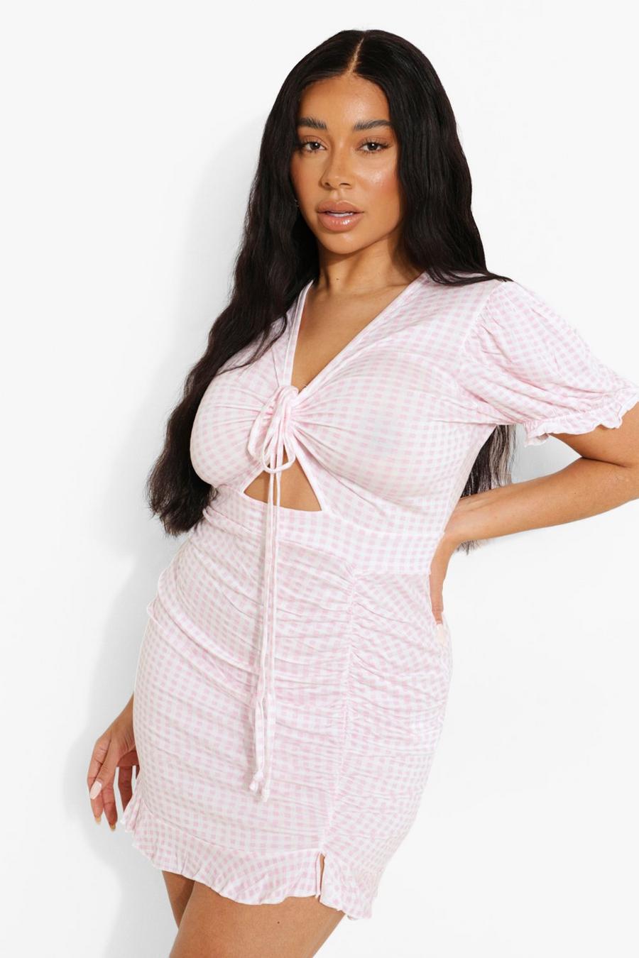 Pale pink Plus Gingham Ruched Front Frill Mini Dress image number 1