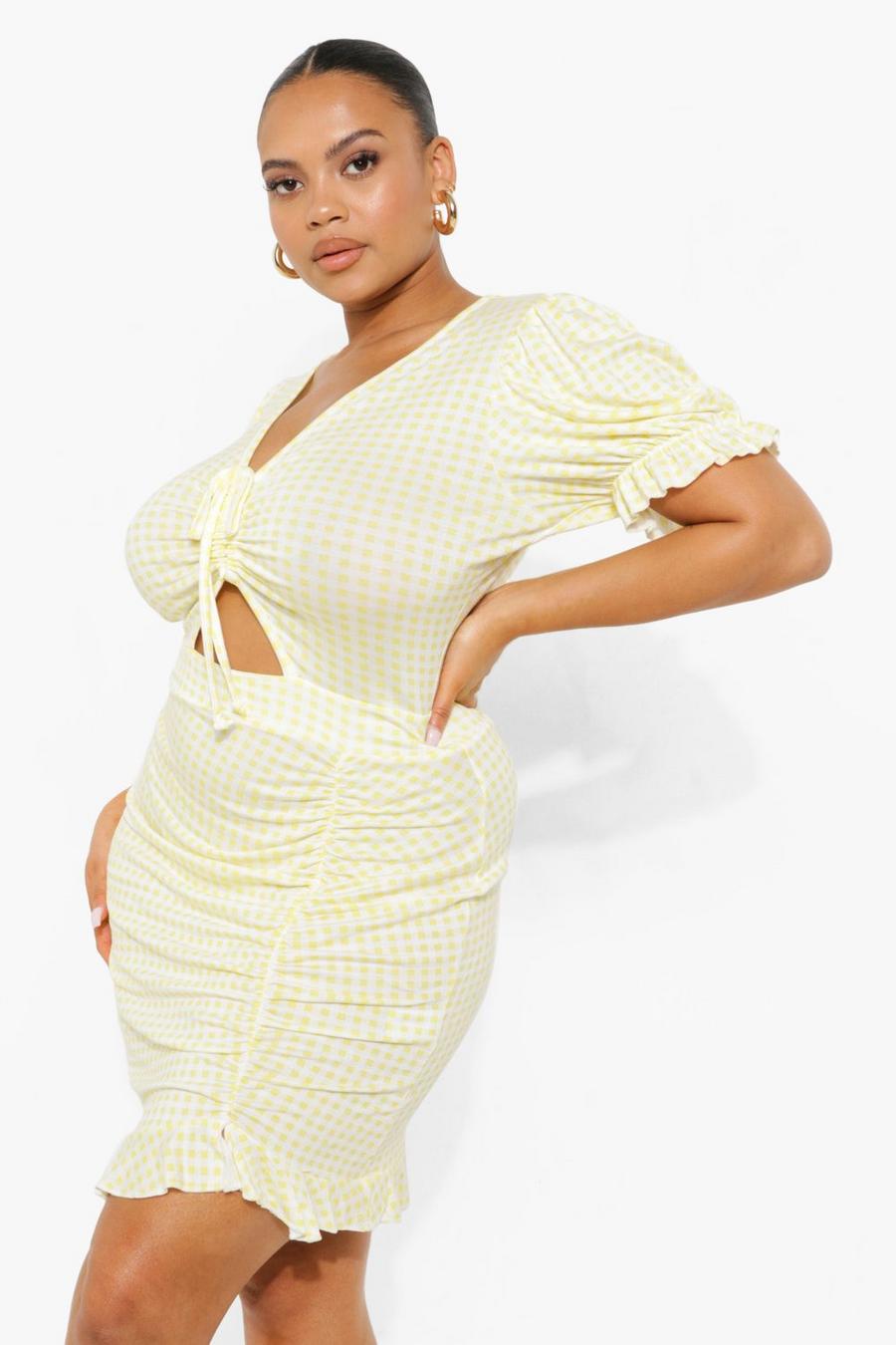Yellow Plus Gingham Ruched Front Frill Mini Dress image number 1