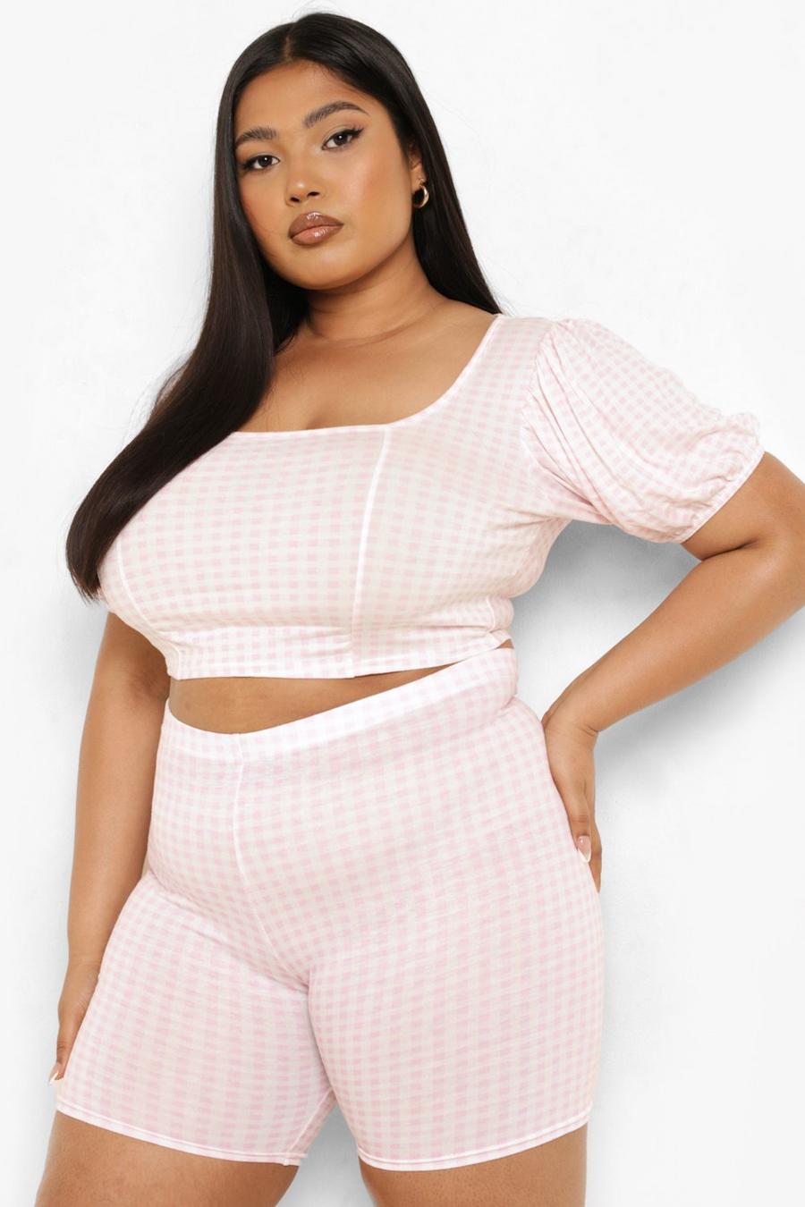 Light pink Plus Gingham Puff Sleeve Square Neck Top image number 1